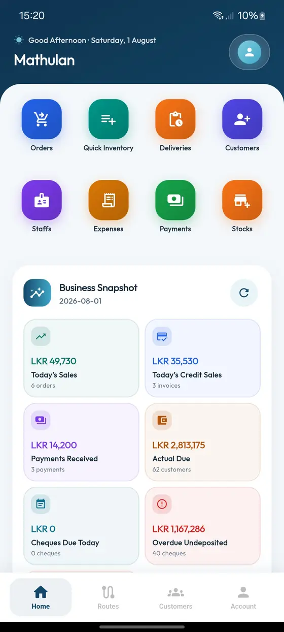 Distribook admin mobile app home screen with a live business snapshot of sales, payments and dues