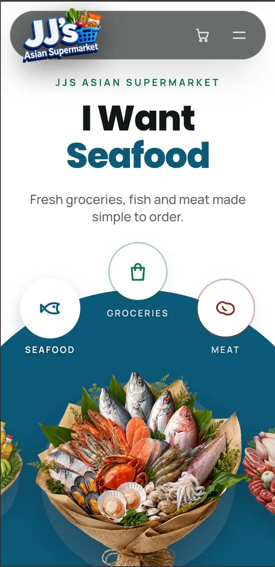 Mobile storefront of an online supermarket showing seafood, groceries and meat categories