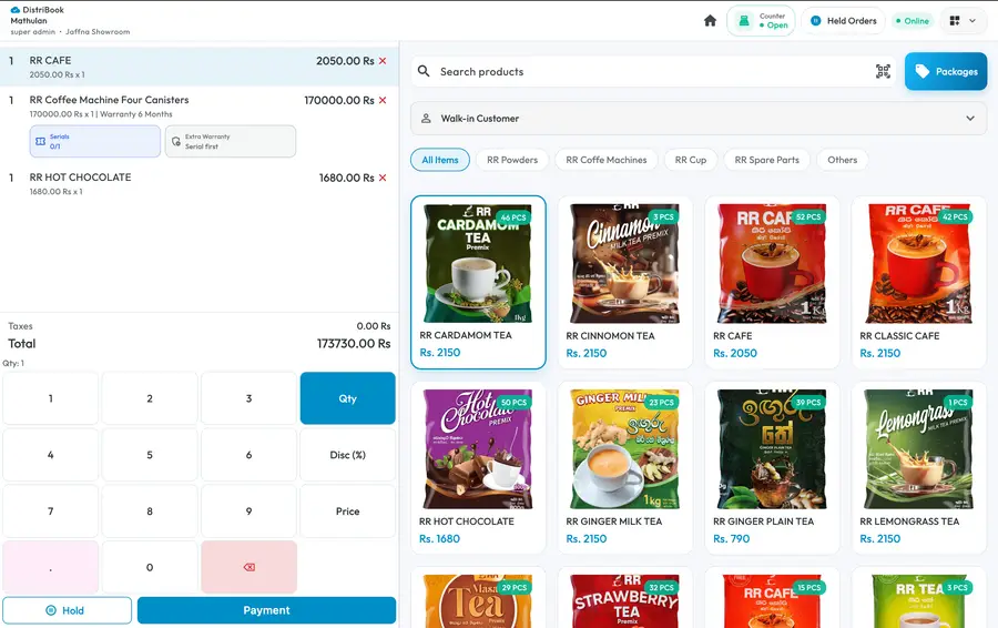 Distribook POS billing screen with an open sale, product grid and numeric keypad